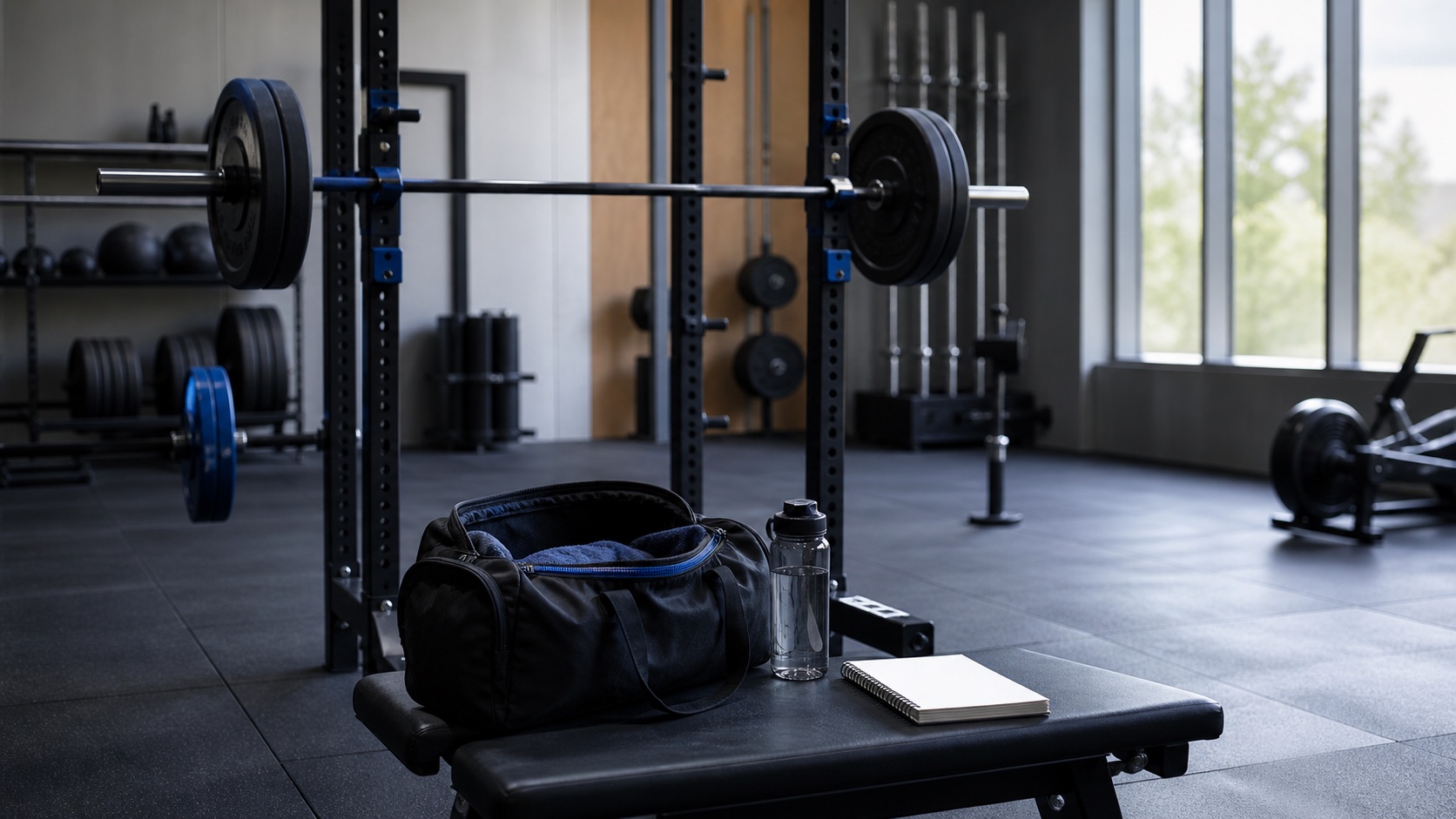 A quiet gym with a squat rack, gym bag, water bottle and blank training notebook ready for a return session
