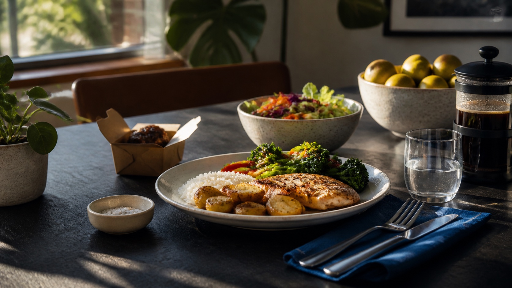 A relaxed everyday meal with chicken, rice, potatoes, vegetables, salad, water and coffee
