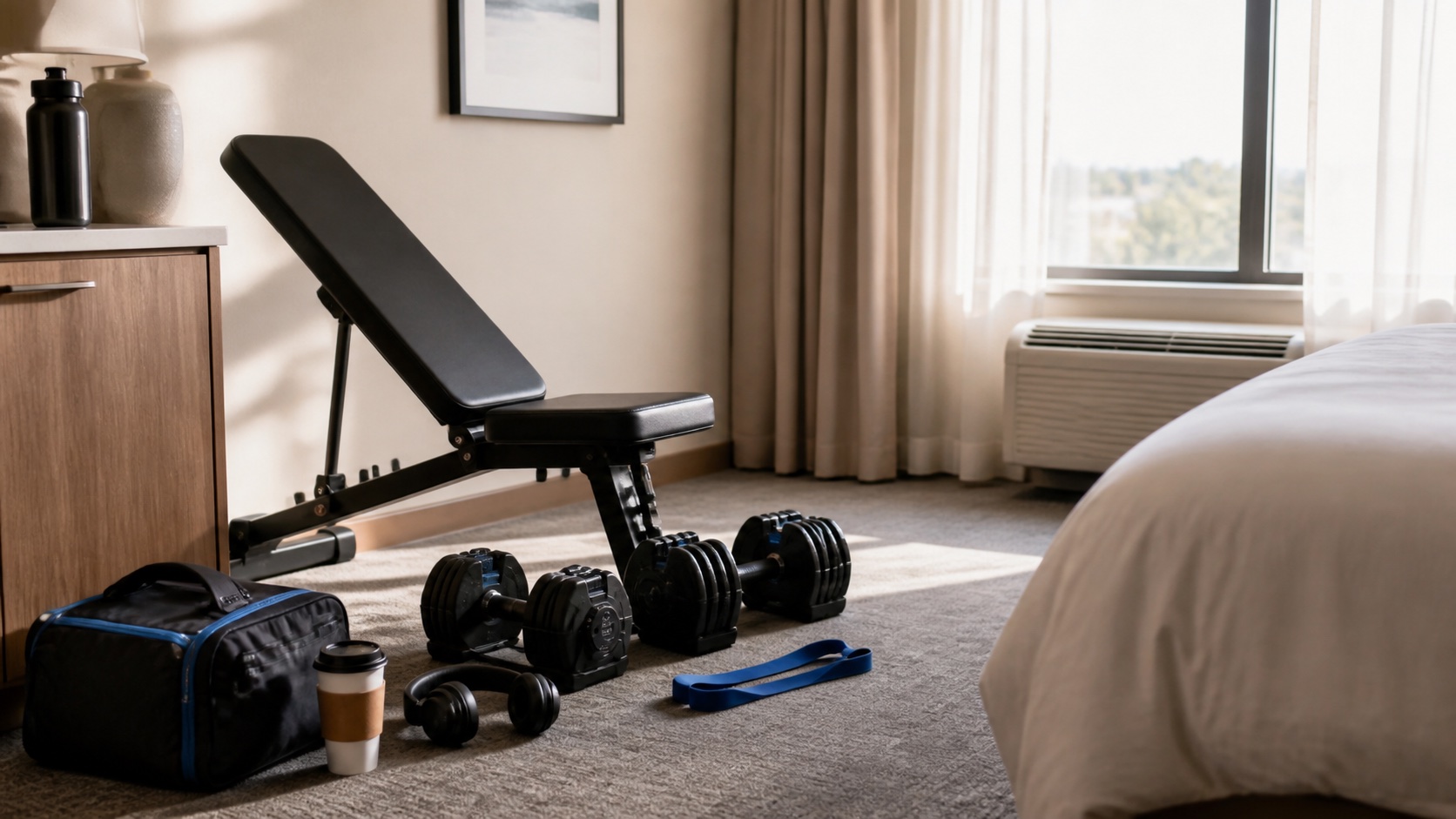 A compact hotel-room training setup with adjustable dumbbells, bench, resistance band, travel bag and coffee