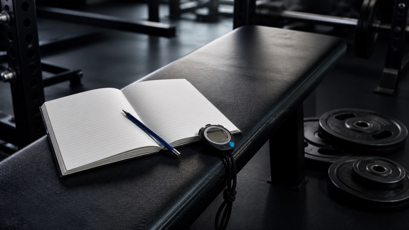 A blank training log and stopwatch on a gym bench beside unchanged weight plates