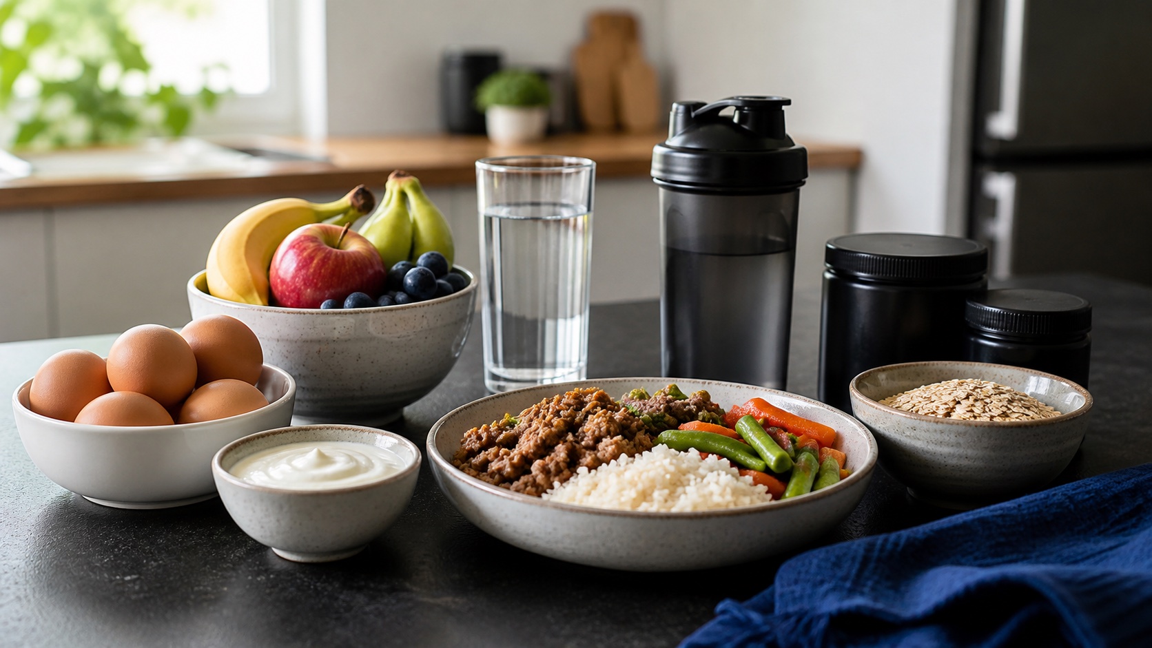 Everyday protein foods, fruit, oats and a prepared meal beside a shaker and unbranded supplement containers