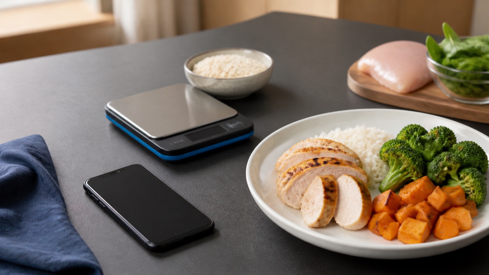 A phone with a blank screen, food scale and balanced chicken, rice and vegetable meal