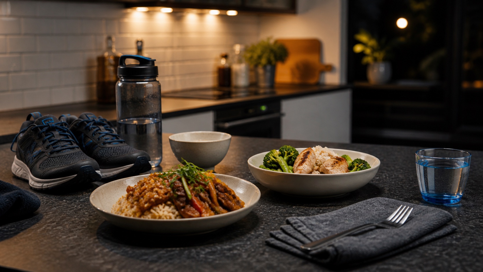Training shoes and water beside two ordinary evening meals on a kitchen bench