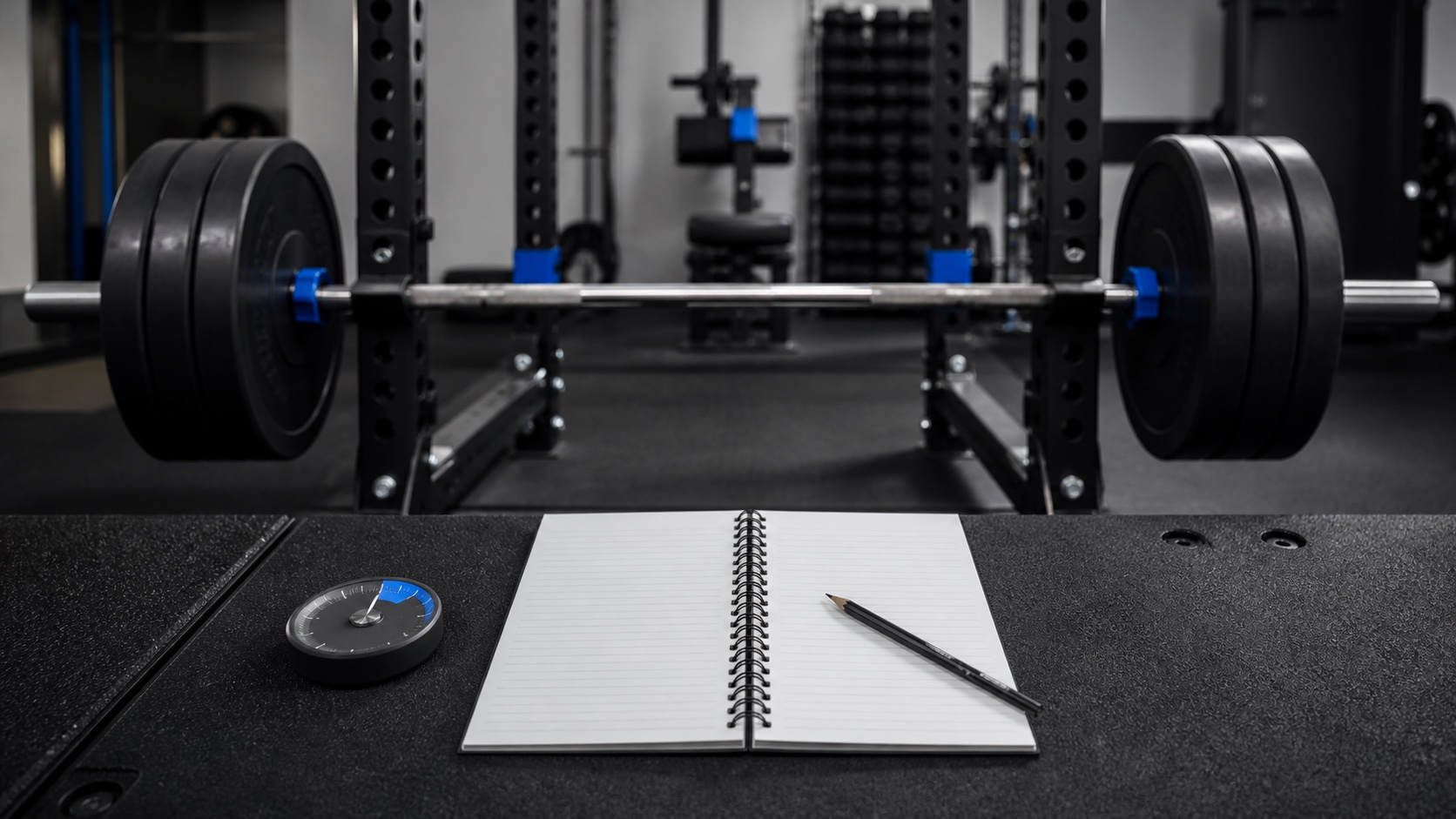 A loaded barbell in a squat rack behind a blank training notebook and effort dial