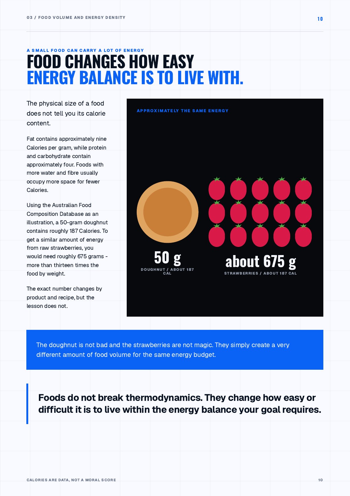 Guide page comparing a doughnut with strawberries to explain food volume and energy density